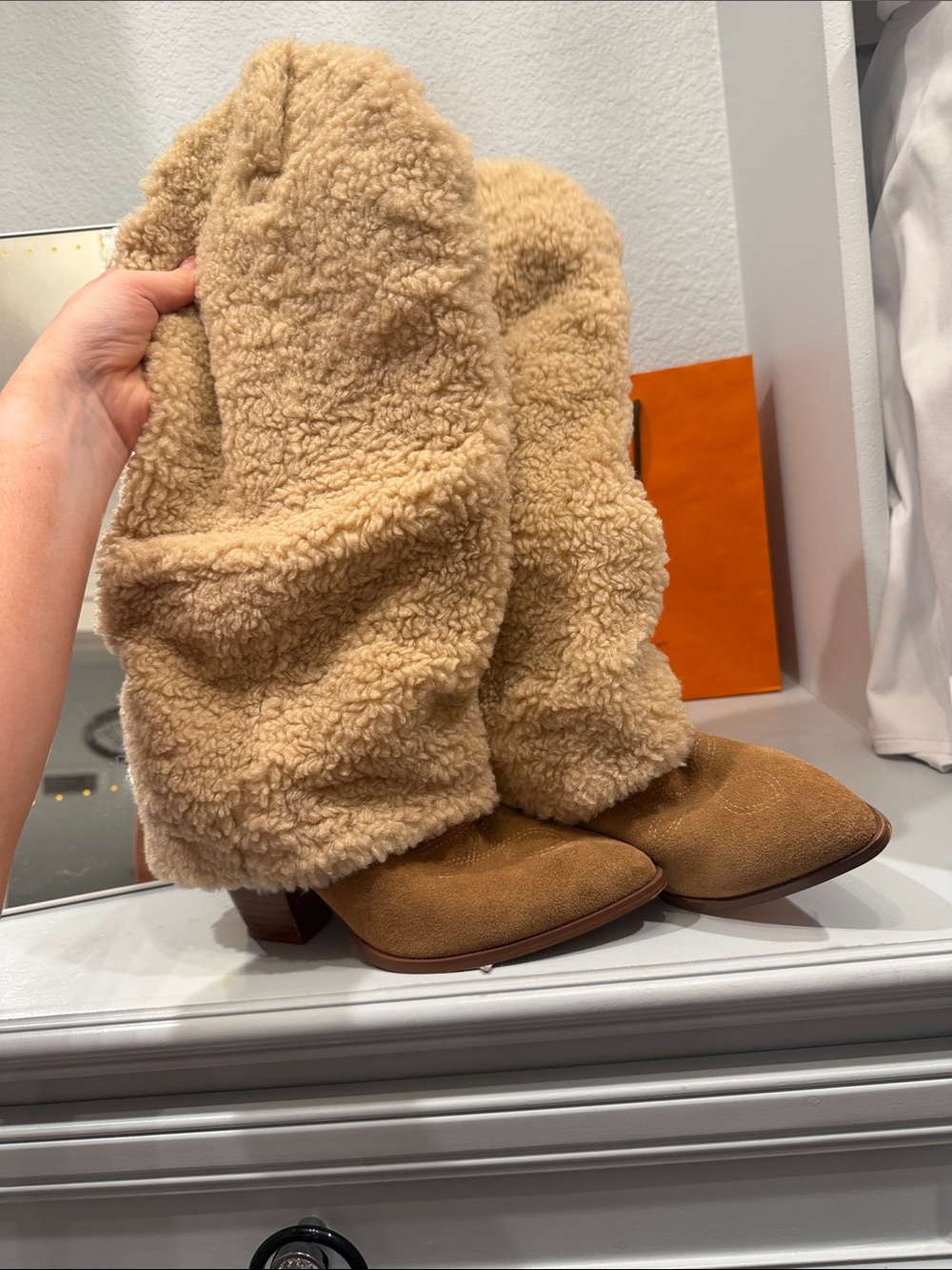 Steve Madden Tan Shearling-Look Slouchy Heeled Boots